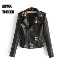 Embroidery Flower and Leaf Long Sleeve Pu Women Jacket Black and White Lapel Rivet Decor Ethnic Fashion New Tops P8 T200319