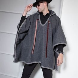 Black dark gray thick woolen coat woolen coat shawl cape hooded autumn and winter men s shirt European and American simplicity LJ201110