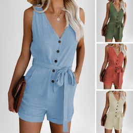 Jumpsuit Women Summer Clothes Off Shoulder Belted Tunic Sleeveles Playsuit Solid Casual V Neck Short Jumpsuits Plus Size W220427