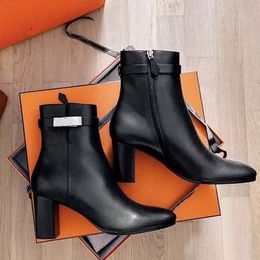 Paris Women's Ankle Boots Genuine Leather Shoes Middle Boot Block Heels Low Boots lady thick Heels pumps party wedding dress gift with box