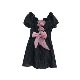 Casual Dresses Black Pink Lace-up Bowtie Sweet Girls Dress Female Ruffled Collar Women Sexy Lady Mini Vestido High Waist S-XL