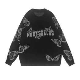 2021 Dark Streetwear Butterfly Jacquard Hip Hop Men Vintage Knitted Sweater Couples Knitwear Round Neck Women Pullover Sudaderas T220730