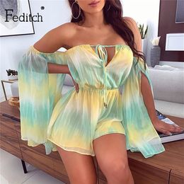 Feditch 2020 Chiffon Sexy Jumpsuit Colorful Strapless Backless Women Playsuit Romper Short Cloak Sleeves Casual Jumpsuit Overall T200704