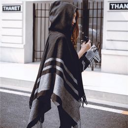 Fashion Oversized Shawls Warm Winter Hooded Wrap Cashmere Poncho Plaid Capes Outwear Cardigans Sweater Coat Tassel 201214