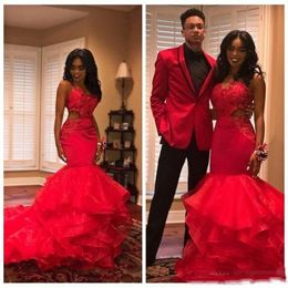 Red African Black Girls Mermaid Prom Dresses Evening Wear Cutaway Lace Appliques Beads Tiered Evening Gowns Party Vestidos BC1164