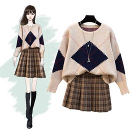 ICHOIX plaid mini skirt 2 piece set women winter clothing knitted sweater two piece outfits casual student Korean 2 piece set T200325