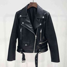 Spring Autumn Pu Leather Jacket Women Zipper Belt Short Soft Jackets Biker Black nk Faux Motorcycle Coat Plus Size L220728