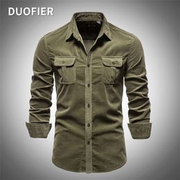 Men's Shirt Business Casual Single Breasted 100% Cotton Fashion Solid Corduroy Man s Autumn Slim Top EU Size 220322