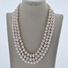 3Row 18" 9mm White Round Freshwater Pearl Necklace