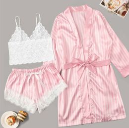 Women's sleepwear 3 Pcs Lace Erotic lingerie sexy temptation lace pajamas bathrobe