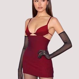 Spaghetti Strap Cut Out Summer Dress Women Strappy Backless Sexy Party Dress Bodycon Mini Cami Dress Black Red 220510