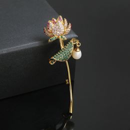 Fashion Elegant Real Pearl Lotus Flower Brooch For Women Luxury Multicolors Cubic Zirconia Metal Female Suit Lapel Pins Jewelry