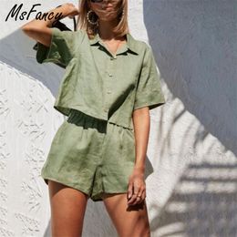 Msfancy Cotton Summer Sets Women Harajuru Green Short Sleeve Loose Shirt Elastc Waist Shorts Two Pics Pyjamas 220423