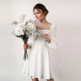 Nightclub Dresses For Women White Mini Puff Long Sleeve A-line Party Dress Solid Hepburn Style Fashionable 220317