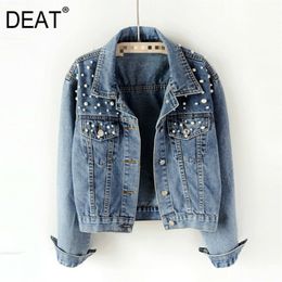 DEAT Fast Delivery Autumn Fashion Womens Denim Jacket Full Sleeve Loose Button Pearls Short Lapel Wild Casual AP446 220810