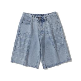 Men's Shorts Summer Baggy Men's Casual Denim Fashion Thin Plaid Splicing Hip Hop Short Jeans Korean High Street Wide Leg PantsMen's