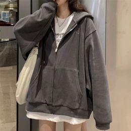Women Korean Style Hoodies Zipup Harajuku Oversized Solid Pocket Hooded Sweatshirts Autumn Long Sleeve Loose Baseball Jacket 220722