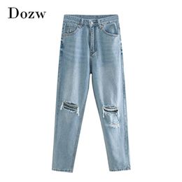 Lady Light Blue Colour Pencil Pants Retro Soratched Hole Ripped Mom Jeans Full Length Daily Office Wear Pants Jeans Femme 210414