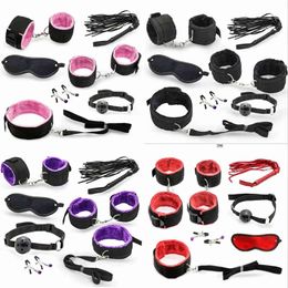 Nxy Sm Bondage 7pcs set for Woman Pu Leather Sm Set Sexy Handcuffs Footcuffs Whip Rope Eye Mask Blindfold Erotic Sex Toys Couples 220426