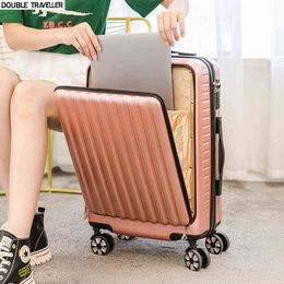 New Women Rolling Luggage Front Opening Laptop Bag Fashion Trolley Suitcase On Wheels Travel Inch Carry J220708 J220708