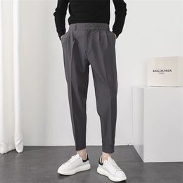 Men's Pants Fashion Men Casual Elastic Waist Small Feet Slim Korean Style Pleated Tapered Male Blazer Trousers Streetwear 220826