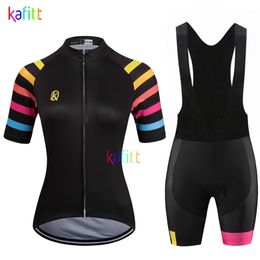 KAFITT Womens Black Short Sleeve Cycling Jersey Sets Bib Pants Breathable Outdoor Go Pro Team Quick Drying Maillot Mujer Summer 220621