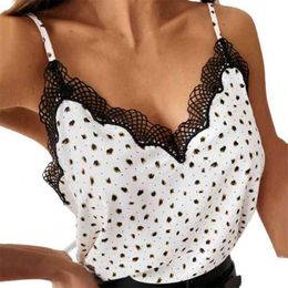 New Stylish Camisole Dots Print Sleeveless Sexy Lace Trim V Neck Spaghetti Straps Vest Tank Top for Summer L220705