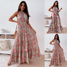 Hot style Women Dress Ethnic Print Tight Waist Wide Hem Dress Bohemian Off Shoulder Vintage Womens Halter Backless Beach Long Dresses