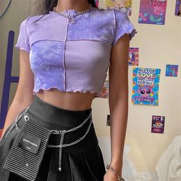 Women Tie Dye Cropped Top Ruffle Frill Short Sleeve Tops Patchwork TShirts Round Neck Casual Tees Party Summer Clothes 220527