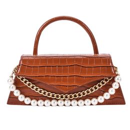 Designer Green Pearl Chain Shoulder Bags Crocodile Pattern PU Leather Crossbody Bag Luxury Brand Women Handbag Underarm Bag
