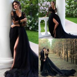 2022 Gorgeous Black Wedding Dresses Bridal Gown V Neck Long Sleeves Lace Applique Sweep Train Tulle Satin Country African Plus Size Custom Made Vestido De Novia