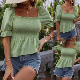 Women's Blouses & Shirts CPDD Women Puff Short Sleeve Square Neck Shirred Peplum Crop Top Ruffle Smocked Shirt