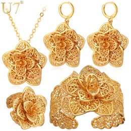 U7 Dubai Flower Jewellery Sets Gold Necklace Cuff Bracelet Drop Earrings & Ring Bridal Wedding Jewellery Set For Women Gift S56 220726