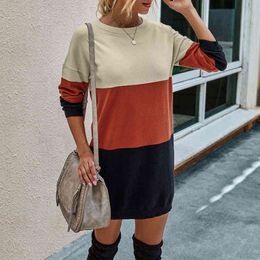 Fashion Women Winter O Neck Strips Color Block Slim Long Soft Sweater Jumpers Mini Pullover Dress L220705