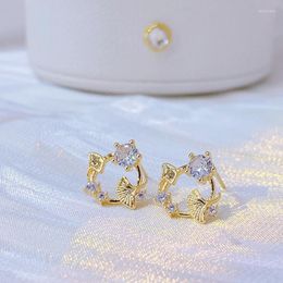 Stud Korea Minimalist 14K Real Gold Earrings Micro Bling Zircon Ear Cute Ginkgo Leaves For Lady All-match Exquisite JewelryStudStud Dale22