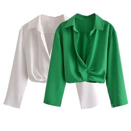 TRAF Women Fashion Pleated Cropped Blouses Vintage Three Quarter Sleeve Back Elastic Hem Female Shirts Chic Tops 220812