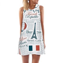 Women Tank Tops Retro spapers 3D Print Eiffel Tower Loose Dress Sexy Mini Short Party Female Vest Sleeveless Dress W220617