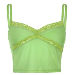 Women's Tanks & Camis Womens Summer Spaghetti Strap Crop Top Sexy Lace Patchwork Sheer Mesh Camisole Neon Green V-Neck Backless Sling Vest