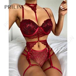 Women Sexy Sensual Lingerie Sets with Garter Belt Embroidery Push Up Bras G-string Panties Temptation Erotic Costumes Underwear