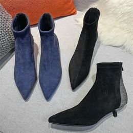 New High Heel Woman Ankle Boots Point Toe Zipper Crystral Sexy Elegant Faux Suede Leather Womens Winter Cowboy Boots Shoes 201031