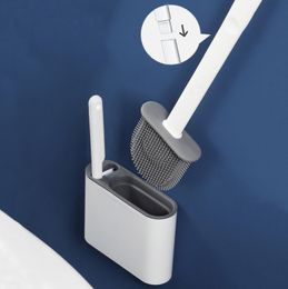 Flat Toilet Brush With Holder Set Long Handled TPR Silicone Cleaner Brushes White Grey Wall Mounted Wc Bathroom Accessories 220511