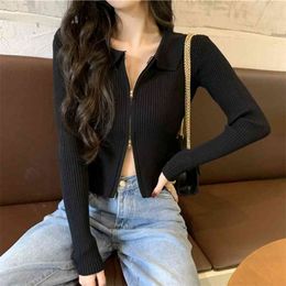 Korean Zipper Women Cardigans Corpped Sweater Sexy Long Sleeve Knitted Spring Autumn Fashion Female Tops Casual Slim Crop Top 210514