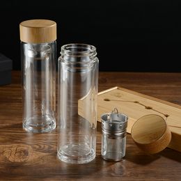 14oz 400ml Tea Glass Mug Fruit Bottle Big Infuser High Double-wall Borosilicate Insulated Bamboo Lid Cup Tumbler Enviromental-friendly
