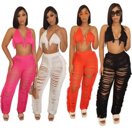 New Design Tassel Knit Tracksuits For Women Solid Bandage Sexy Bikini And Hollow out Pants Beach 2 Piece Sets TS1193