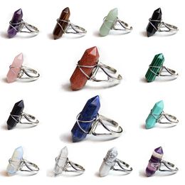 Wire Wrapped Resizable Hexagon Column Natural Stone Rings Crystal Lapis Bicone Bead Faceted Winding Ring For Women Jewellery