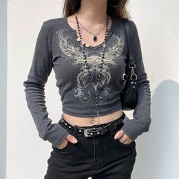 Y2K Crop Top Women Vintage Grunge Graphic Print Slim Fit Fairy Tees Tops Retro Aesthetic Long Sleeve Female T Shirt Streetwear 220728