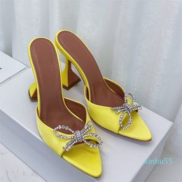 Women Summer Luxury Designer High Heel Sandals Slippers Yellow goblet heel with pointed crystal diamond