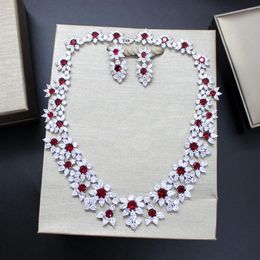 Chains Sterling Silver Natural Red Ruby Zircon Gem Flower Pendant Crystal Leaves Choker Statement Necklace Gorgeous Party JewelryChains Chai