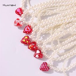 Chains Vintage Elegant Red Heart Pendant Double Layer Pearl Beaded Stacking Necklace For Women Girls Wedding Party JewelryChains Godl22