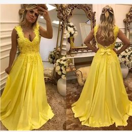 Generous A-Line Yellow Prom Dresses Deep V Neck Satin Lace Appliques Pearls Bow Backless Sweep Train Evening Dresses Party Gowns